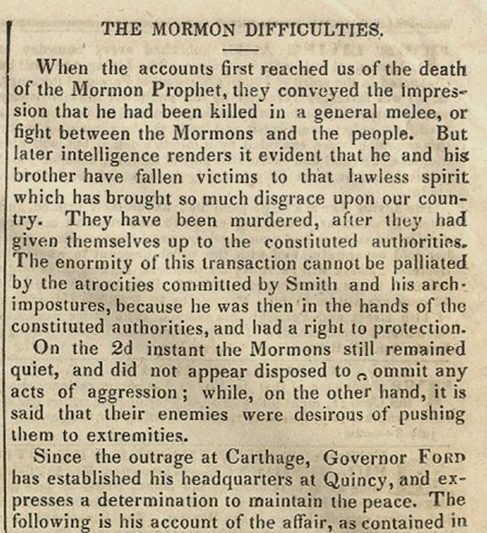 The Governor Provides A Statement Of The Killing Of Mormon Joseph Smith