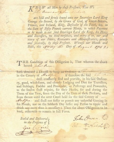 King George II, 1752 Halifax, Virginia Inn Keeper's Bond License.  