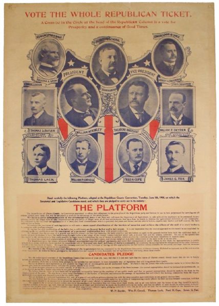 Large Colorful 1900 Pennsylvania Coat-tail Poster with William McKinley and Theodore Roosevelt.