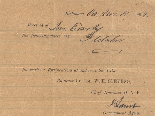 Confederate Army Receipt for Slave Labor