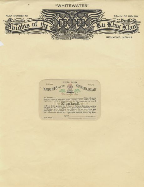 Indiana Klan Letterhead and Membership Card