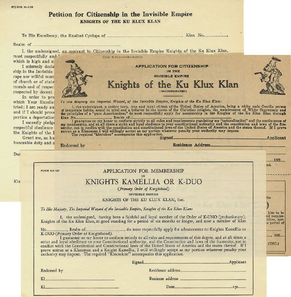 Three Blank 1920s KKK Applications