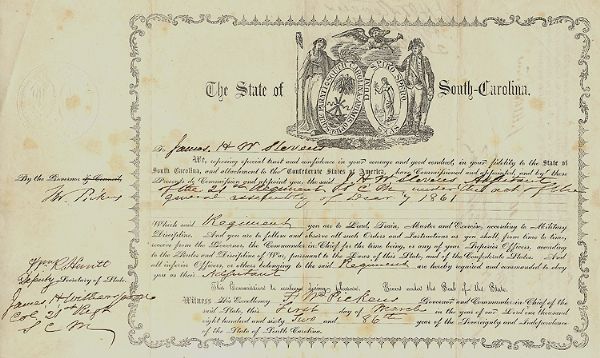 South Carolina Commission Signed By Pickens