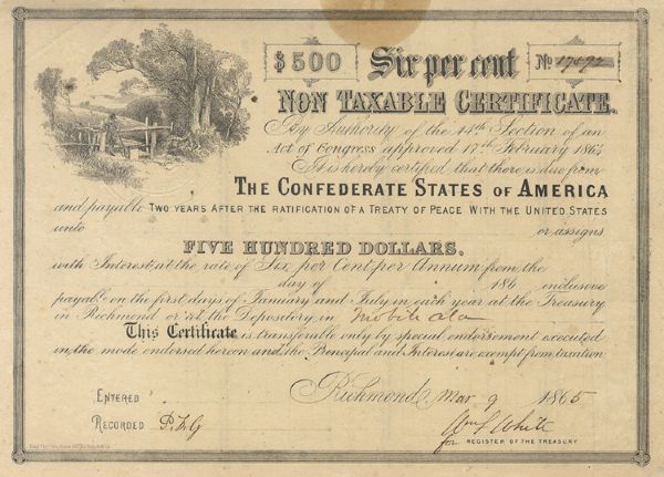 Late War $500 Confederate Bond 
