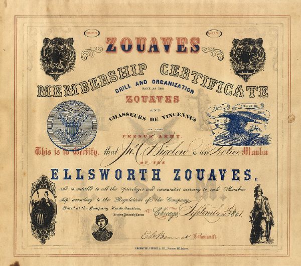 An Ellsworth Zouaves Certificate - First Time We Have Offered One