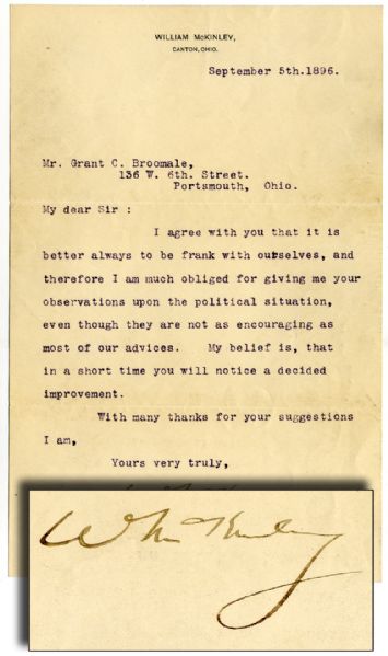 William McKinley Writes To A Supporter During The 1896 Presidential Campaign