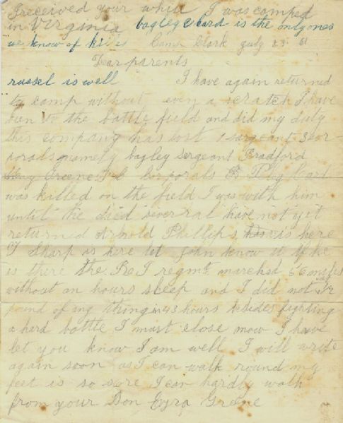 Battle of First Bull Run Letter from 2nd Rhode Island Vols. 