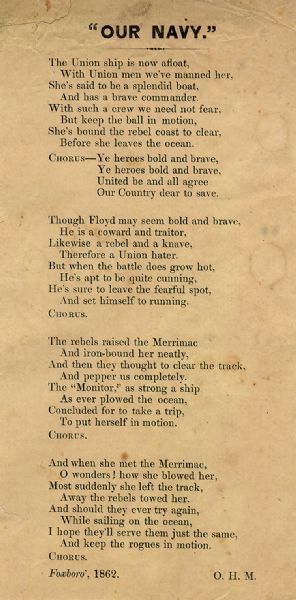1862 Union Poem Honors The Monitor's Defeat of The Merrimac. 