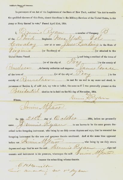 1864 Union Soldier's Absentee Ballot Form from 3rd New York Cavalryman.  