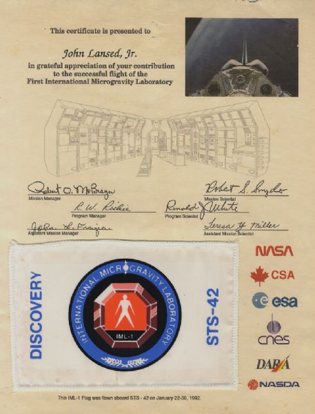1992 STS-42 FLOWN FLAG ON CERTIFICATE