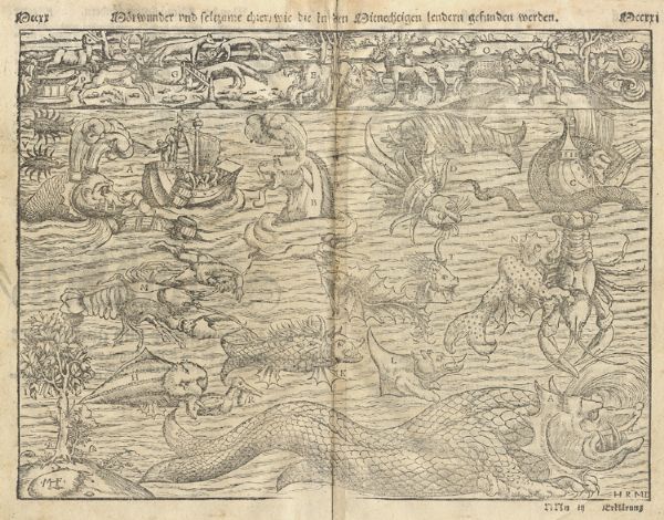 Munster's Famous Chart of Sea Monsters - Scarce and Attractive Sea Monster Engraving