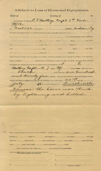 7th US Cavalry Document - Horse Hit By Lightening