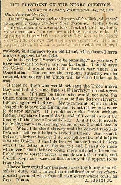 Lincoln’s Response to Horace Greeley’s Pointed Letter Titled “The Prayer of the Twenty Millions.”
