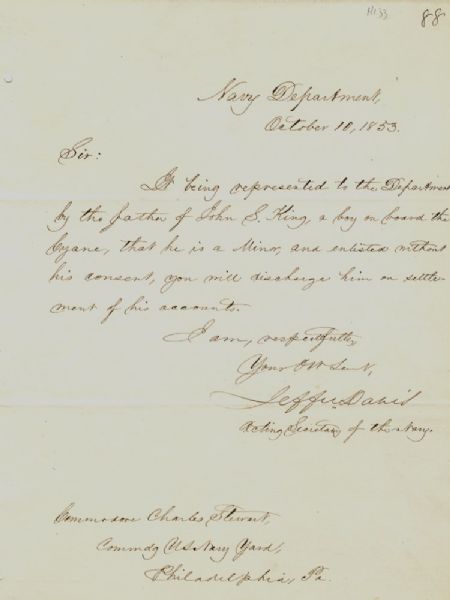 Jefferson Davis Writes as Acting Secretary of the Navy