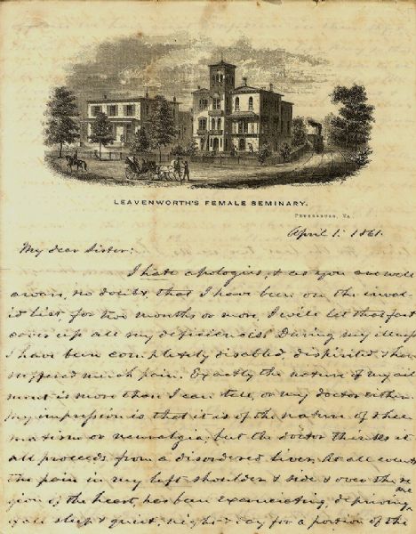 Leavenworth's Female Seminary, Petersburg, Virginia 1861 Letter. 