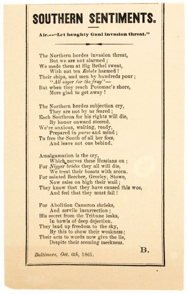 An Important Anti-Abolitionist Song Sheet From Secession Maryland 