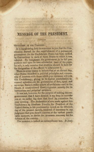 President Davis Announces The Birth of the Confederacy