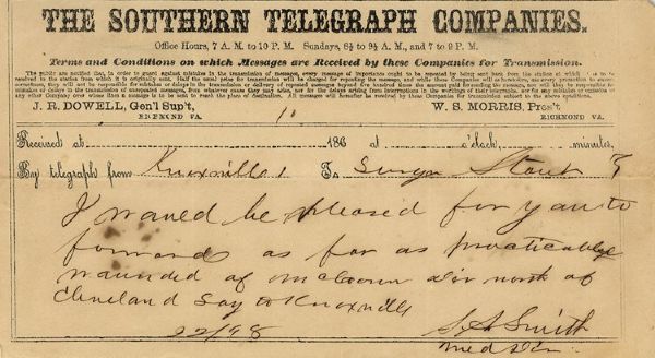 Confederate Military Telegram Sent During Knoxville Campaign of 1863