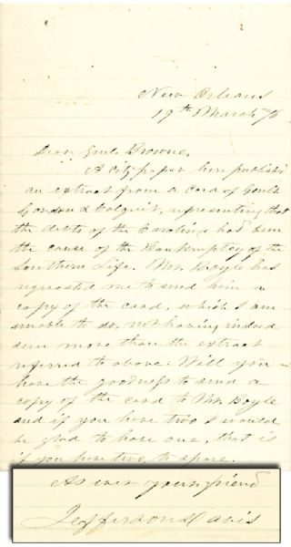 1876 Centennial Jefferson Davis Autograph Letter Signed