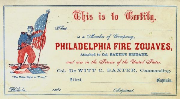 Philadelphia Fire Zouave Membership Certificate