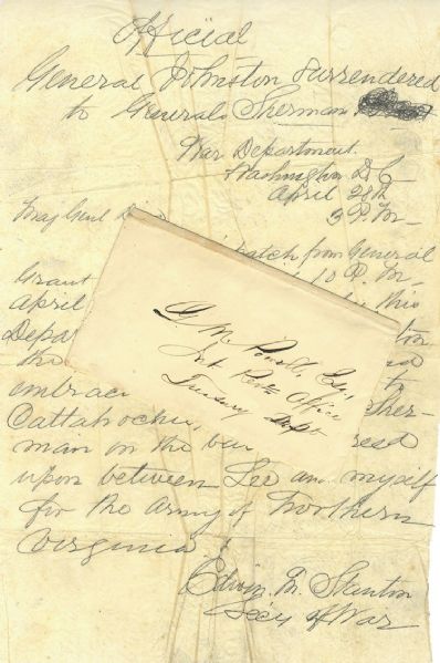 Hand Written Announcement By: Sec. War, Edwin M. Stanton