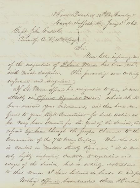 Brevet Brig. Gen. Samuel Spears Reprimands His Captain Over Improper Resignation. 