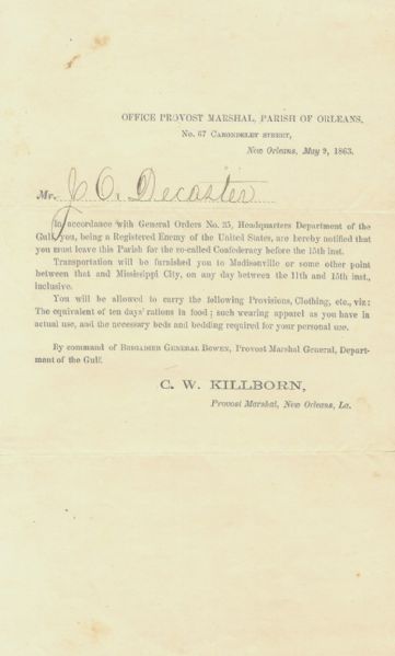 New Orleans Get Out Of Town Order May 9, 1863