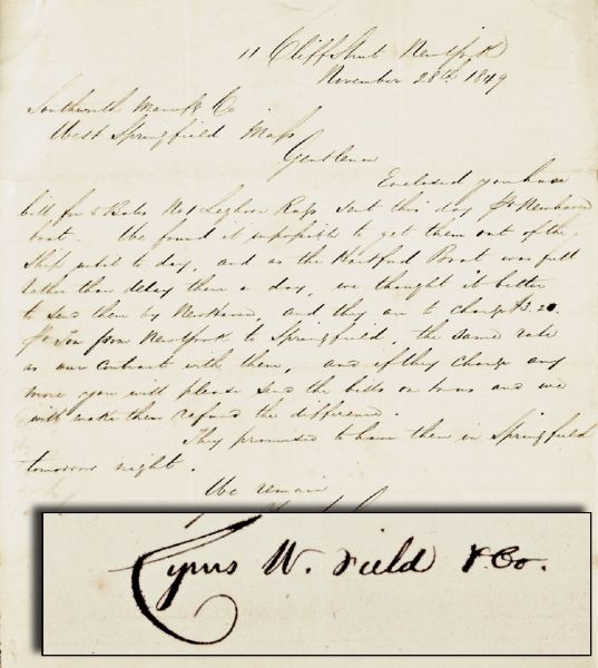 Cyrus W. Field Signed Letter Atlantic Telegraph Company 