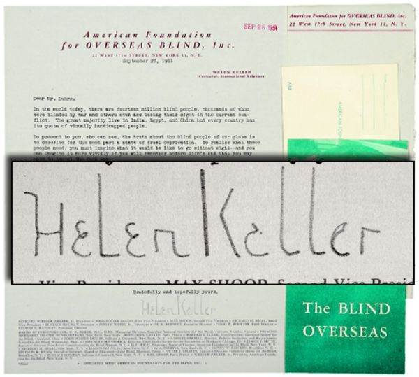 Helen Keller Seeks Funds for The American Foundation for Overseas Blind