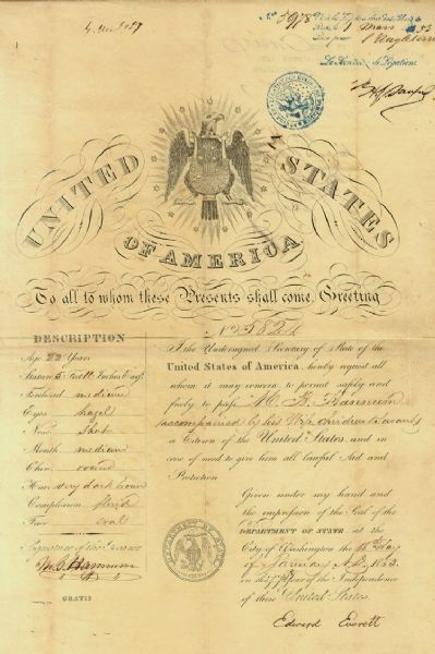 19th Century Passport Signed by Edward Everett