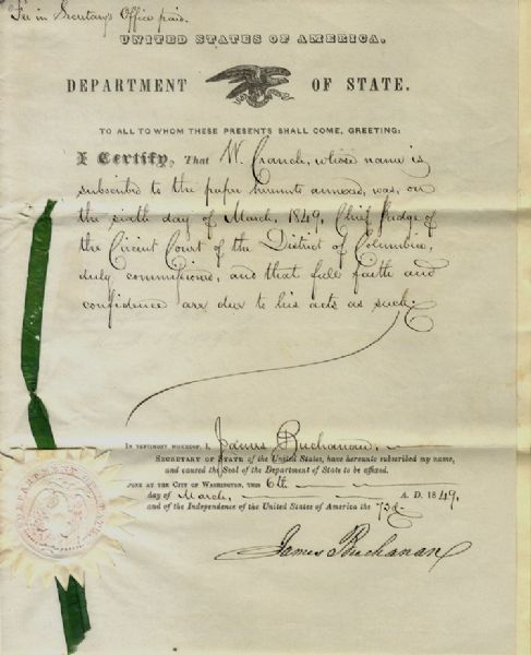 James Buchanan Signed Document As Secretary Of State....Chief Judge Appointment
