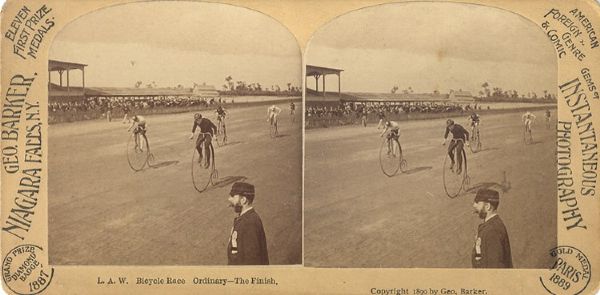 Stereoview of a Hi-Wheeler Bicycle Race