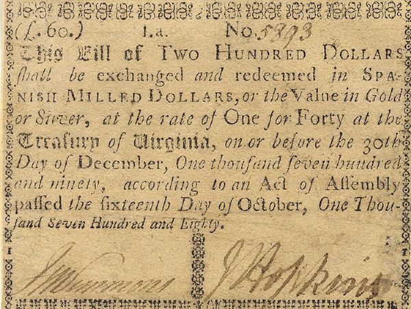 1780 Virginia Colonial Currency