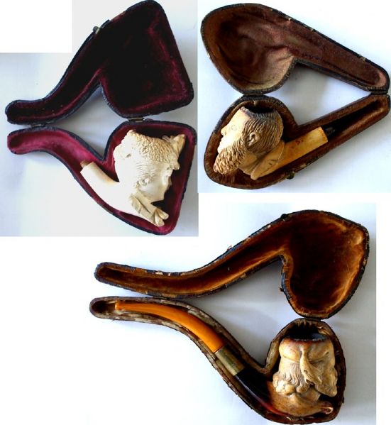 Three Leather-Cased Meerschaum Pipes