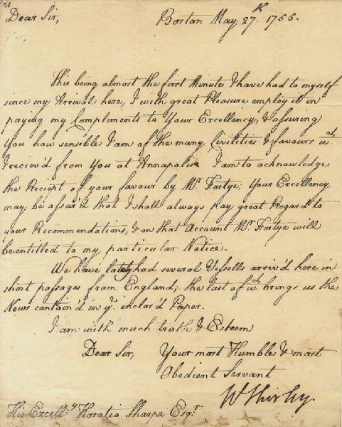 Letter From Massachusetts Royal Governor Shirley