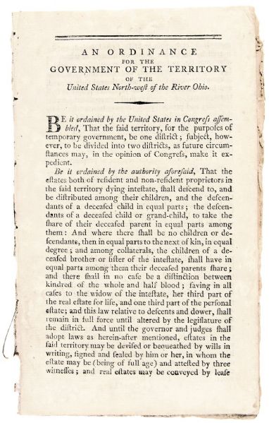 Historic 1796 Imprint Forbidding Slavery in the Northwest Territories Stating: “There shall be neither slavery nor involuntary servitude...”