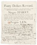 1802 Maryland “RANAWAY SLAVE” BROADSIDE For The Capture of "Negro HARRY” & “Negro LEN”The Manuscript is an authorization for the slave-hunter to capture the fugitive slaves.