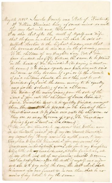 1838 Kentucky Will & Testament Seven Named Slaves