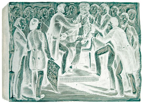 Woodblock Printing Plate, Illustrating a Scene of Members of the Suffolk Board of Trade Welcoming a Black Man