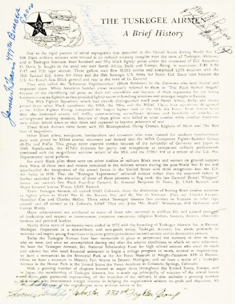 Typed Circular “THE TUSKEGEE AIRMEN A Brief History” and Signed By Four Surviving Members