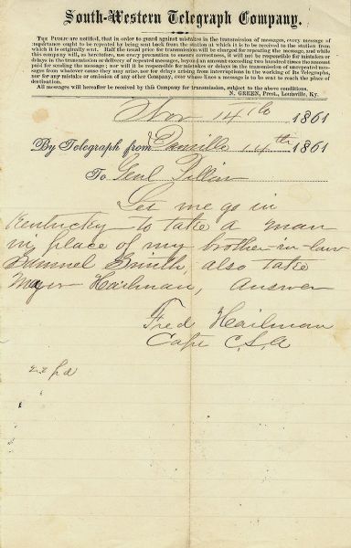 Rare Confederate “Memphis Guerillas” Telegraphed Message on Rare South-Western Telegraph Company Imprint