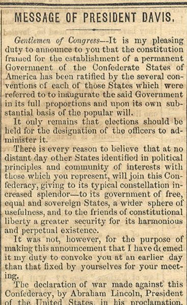 CSA President Davis Announces the Constitution Ratification