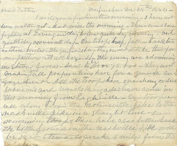 1st Georgia Cavalry Soldier Writes of the Battle of Murfreesboro