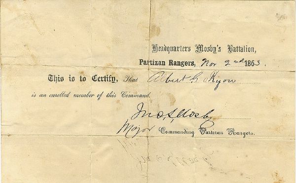 Scarce War-date John Singleton Mosby Signed Certifying Enrollment in one of the Most Celebrated Confederate Units of the War