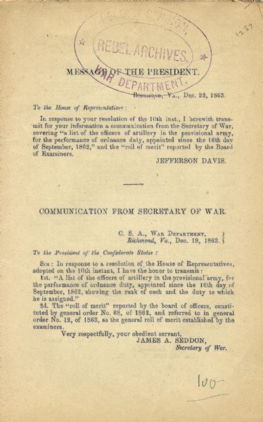 “Roll of Merit” Transmitted to President Jefferson Davis