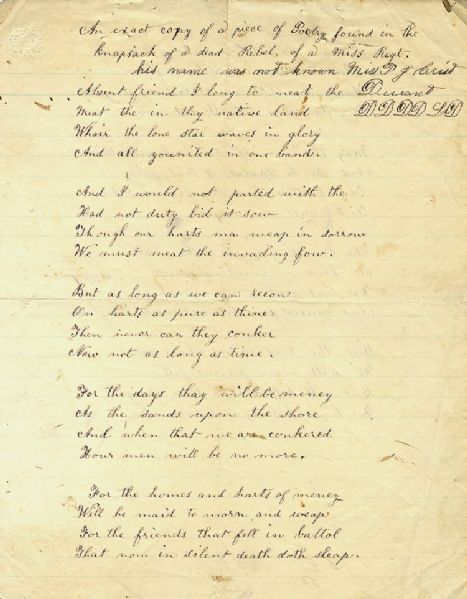 An Original Mississippi Soldier's Patriotic Poem Found After He Was Killed in Battle.
