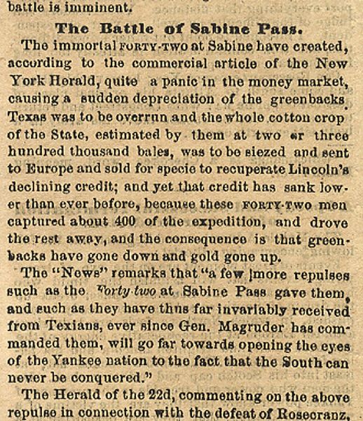 Sabine Pass battle Reported in This Confederate Texas Newspaper