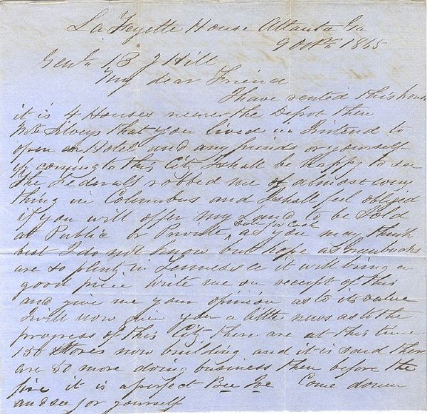 Letter Written to Confederate General Benjamin Hill Pertaining to the Rebuilding of Atlanta