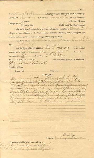 11th Arkansas ‘Children of the Confederacy’ Document