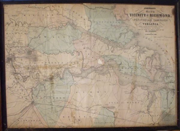 Hand-Tinted Civil War Period Map of The Area Around Richmond During The Peninsular Campaign